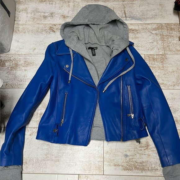 Bloomingdales Aqua Royal Blue Layered Leather Jacket with Removable Grey Hoodie - Picture 1 of 4